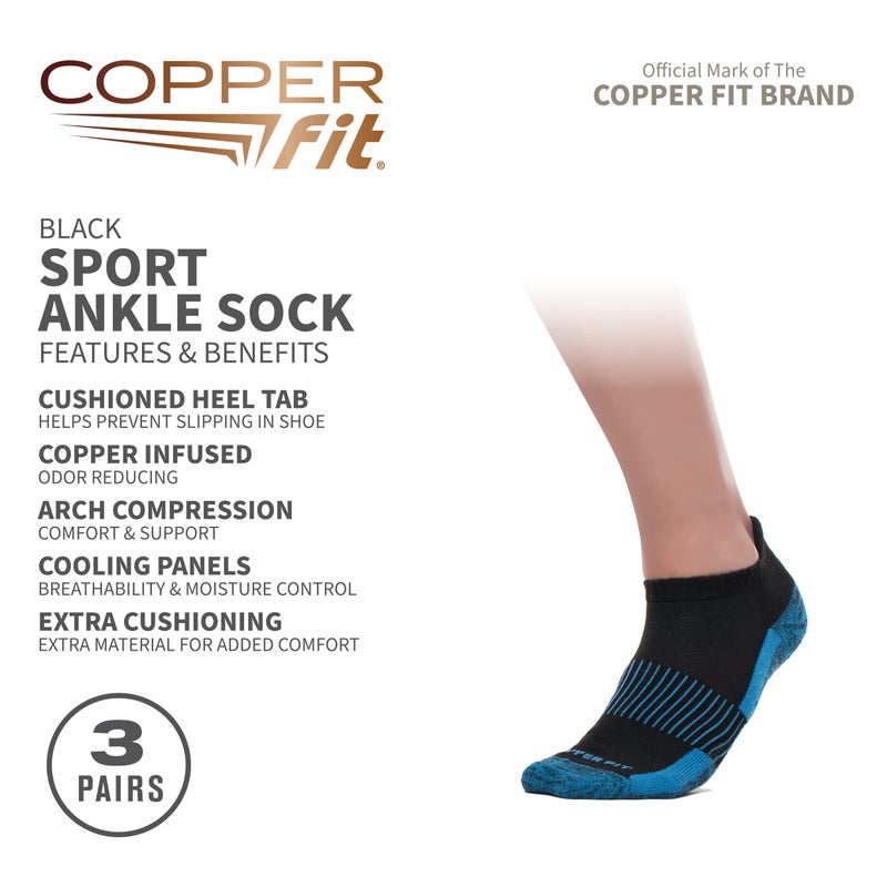 Copper Fit Unisex Copper Infused No Show Socks - 3 Pack , Large/X-Large, Black - Image 2
